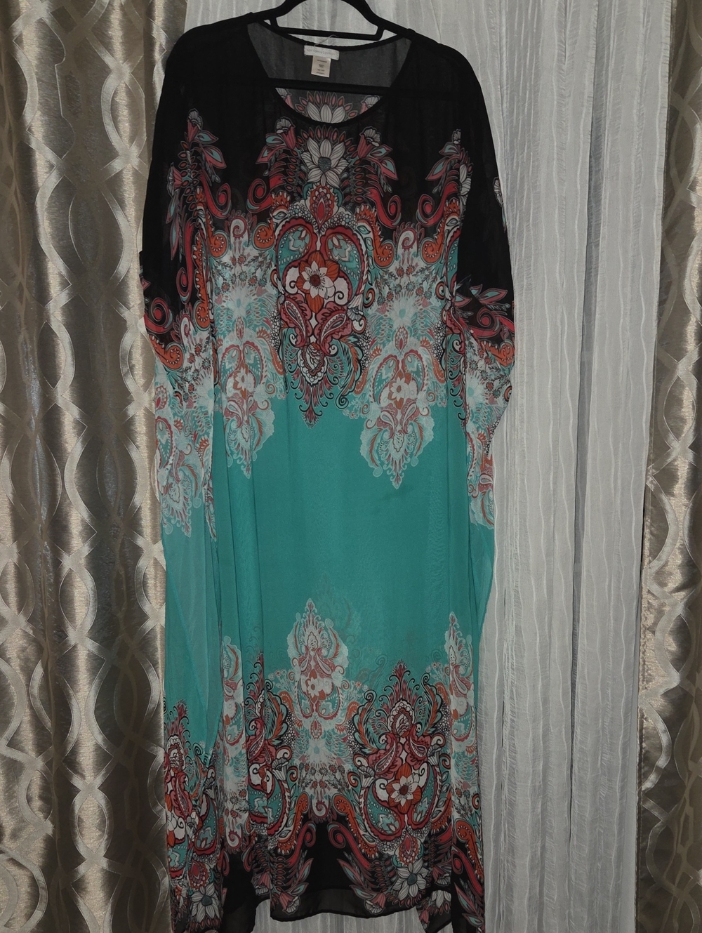 New York & Company Turquoise and Black Paisley Kaftan